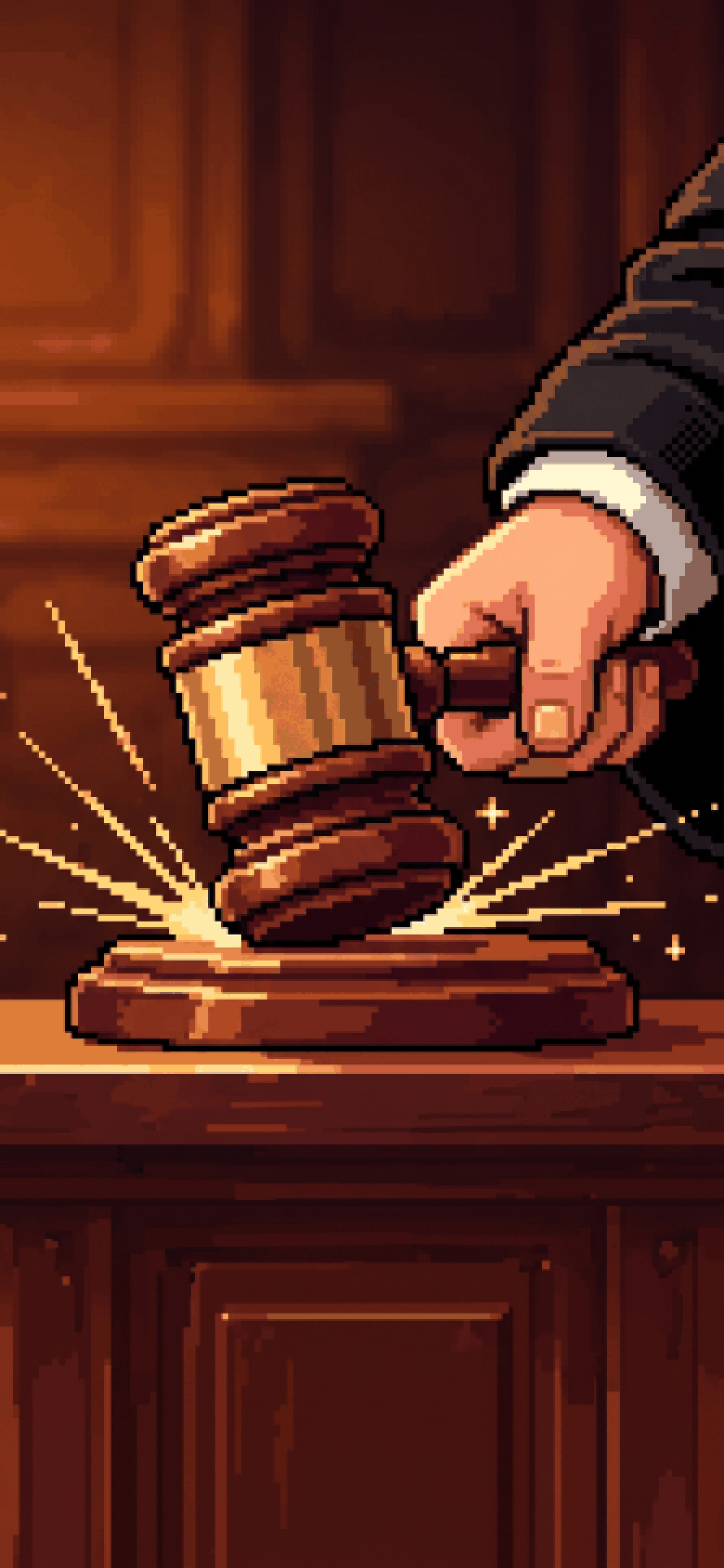 Pixel-art close-up of the judge’s gavel striking the block with a burst of light.